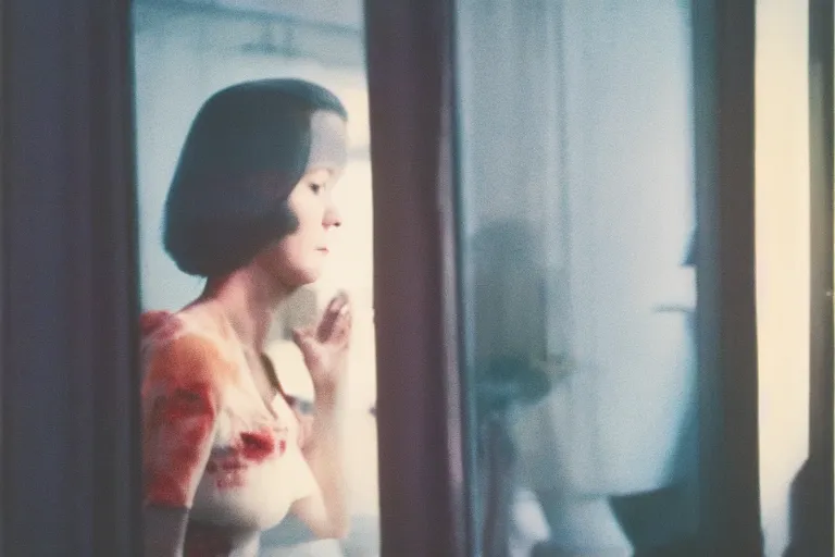 Image similar to close-up color film photography 1970s, woman standing near mirror, soft light, 35mm, film photo, Joel Meyerowitz