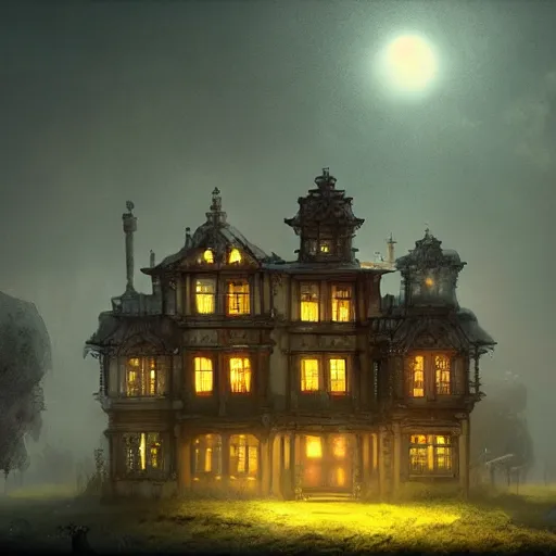 Image similar to glowing mansion in burning vapor dramatic lighting, artstation, matte painting, alexander fedosav, alexander jansson