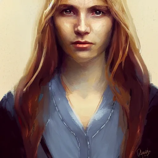 Image similar to Portrait of a woman by Greg Rutkowski, she is about 30 years old, pretty, blond hair with two strans around her face, slavic features, melancholic gaze, pretty aquiline nose, she is wearing a blue utilitarian jumpsuit, highly detailed portrait, digital painting, artstation, concept art, smooth, sharp foccus ilustration, Artstation HQ.