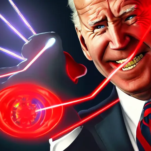 Prompt: joe biden with angry glowing red laser eyes. wrathful supervillain. laughter. science fantasy character concept art. best of artstation. ap photo.