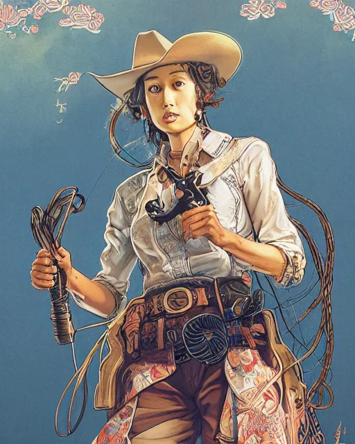 Image similar to a cowgirl, midshot single subject, art poster, ambient lighting, detailed, by ayami kojima, makoto shinkai, kilian eng