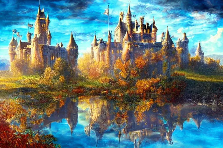 Image similar to castle, fantasy, painting, chrome, reflect, ultra realistic!!!, clear weather, golden hour, sharp focus