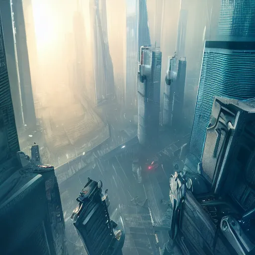 Image similar to a futuristic dystopian city, view from the sky, intricate artwork by beeple, beautiful, cinematic lighting, heavy mist, octane render, trending on artstation, greg rutkowski very coherent artwork. cinematic, hyper realism, high detail, octane render, 8k
