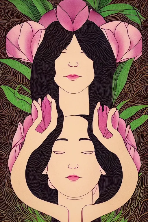 Image similar to a goddess of magnolia a queen of the garden, meditating! with a beautiful symmetrical face!!! cinematic lightning, isolated, studio lighting by audrey kawasaki