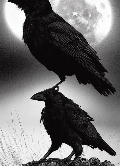 Image similar to portrait, A crow in front of the full big moon, book cover, red white and black colors, establishing shot, extremly high detail, foto realistic, cinematic lighting, pen and ink, intricate line drawings, by Yoshitaka Amano, Ruan Jia, Kentaro Miura, Artgerm, post processed, concept art, artstation, matte painting, style by eddie mendoza, raphael lacoste, alex ross