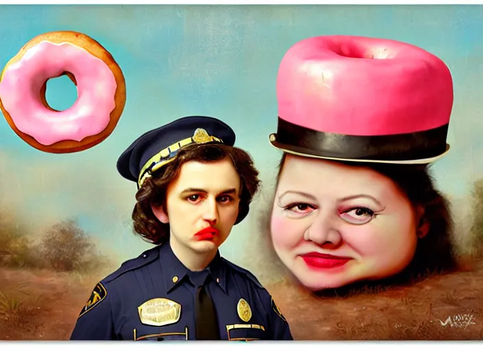 Image similar to a donut dressing a police officer costume, lowbrow, matte painting, 3 - d highly detailed, in the style of mark ryden,