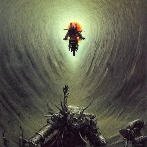 Prompt: epic wizard riding futuristic motorcycle through the gates of hell, wearing samurai armor, highly detailed beksinski painting
