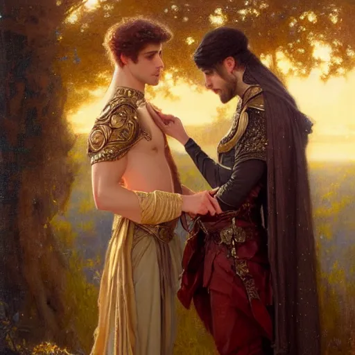 Image similar to attractive fully clothed king confesses his love for his attractive fully clothed male prince. highly detailed painting by gaston bussiere, tom bagshaw 8 k