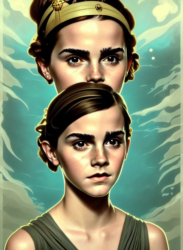 Image similar to symmetry!! face portrait of a young emma watson from bioshock, vintage dress, glowing headband!! underwater atmosphere, intricate, serene, highly detailed, digital painting, artstation, symmetric concept art, smooth, sharp focus, illustration, art by artgerm and greg rutkowski and alphonse mucha, 8 k