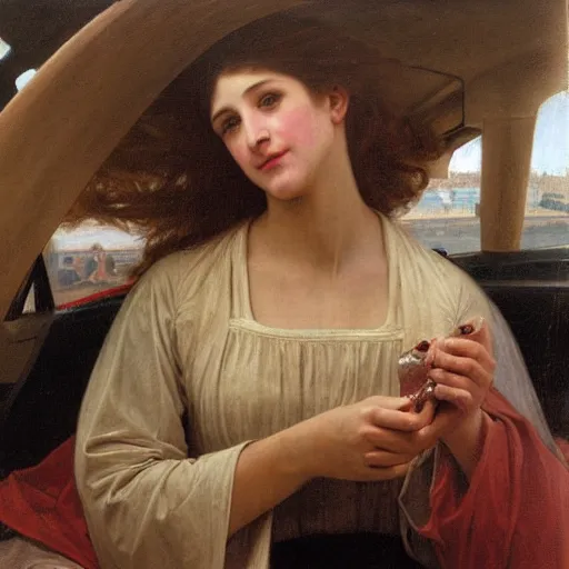 Prompt: an oil painting of an angel driving a car in a restaurant drive through, exterior view, by Bouguereau, highly realistic and intricate