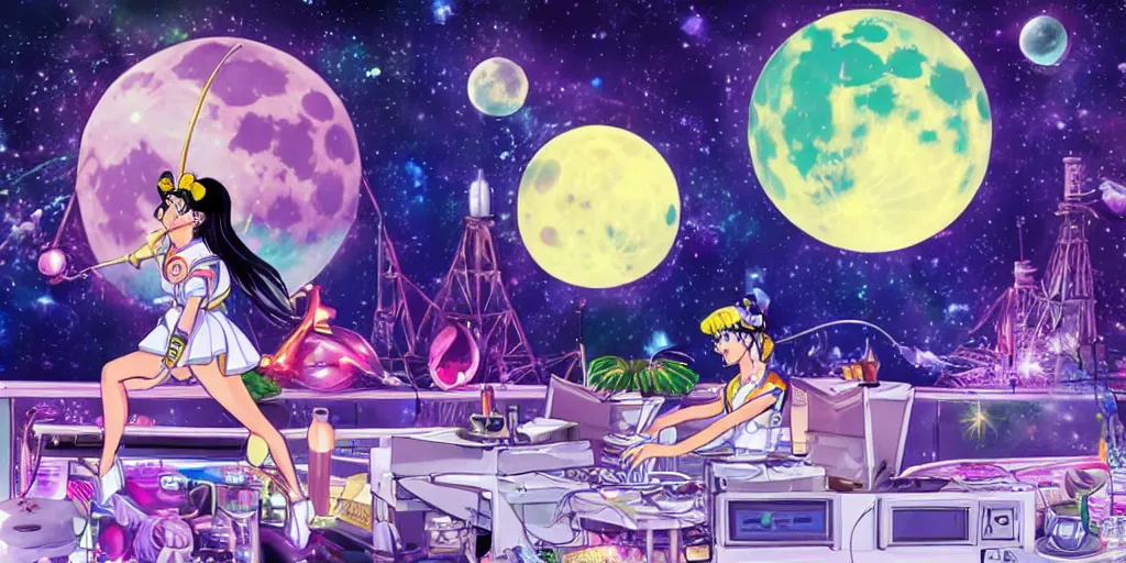 Prompt: Sailor Moon 🌃 doing a DJ set on the moon in a lunar greenhouse