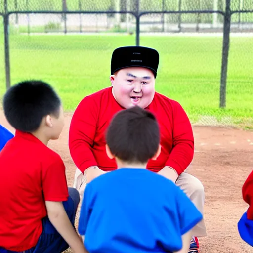 Image similar to fat kazakh guy in a red baseball cap teaching kids in school