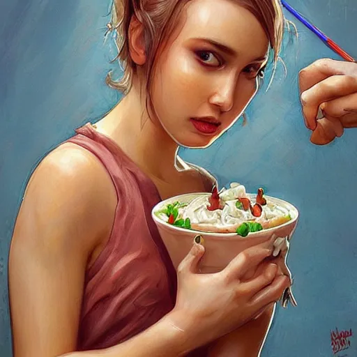 Prompt: hot dogs and yogurt is a messy meal, wlop, artgerm, mucha