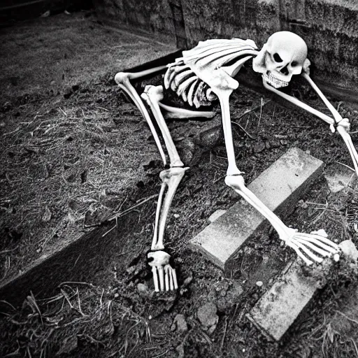 Prompt: a skeleton digging a grave in a gothic cemetery, 4K hd, photograph, 35mm ISO 400