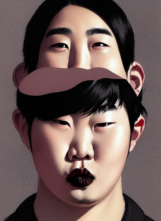 Prompt: portrait of a plump korean man with a crooked nose and a confident expression, 1 9 6 0 s, black clothes, goth, punk, brightly coloured hair, funk, intricate, elegant, highly detailed, digital painting, artstation, concept art, smooth, sharp focus, illustration, art by wlop, mars ravelo and greg rutkowski