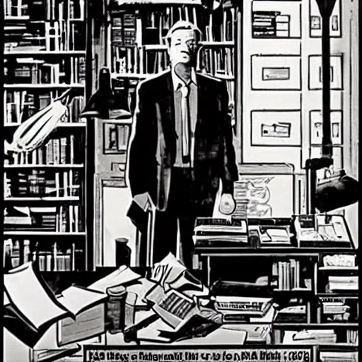 Image similar to cover poster of Philip Marlowe in his office by Mike Mignola