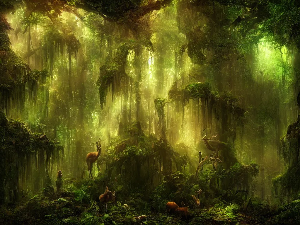 Image similar to a fantasy beautiful dense biorelevant rainforest setting, ultrawide angle, a deer radiating dramatic light, cinematic lighting, extremely emotional, extremely dramatic, surround it with pixie dust ether floating in the air, hdr, epic scale, cmyk, deep spectrum color