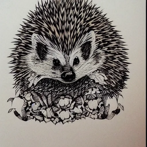 Prompt: hedgehog, very beautiful ink illustration, masterpiece, intricate detail, ornate , elaborate