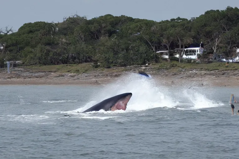 Image similar to huge megalodon washed upon the shore, people watching