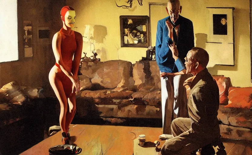 Image similar to a thin man cowers in a corner whilst his wife stands on a coffee table in a dark living room, painted by phil hale and rick berry and norman rockwell and dean cornwell and tom lowell, highly detailed