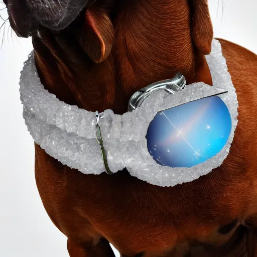 Image similar to High resolution close up photo of a crystal clear bobble containing the Andromeda galaxy hanging from a dog's collar, 8k