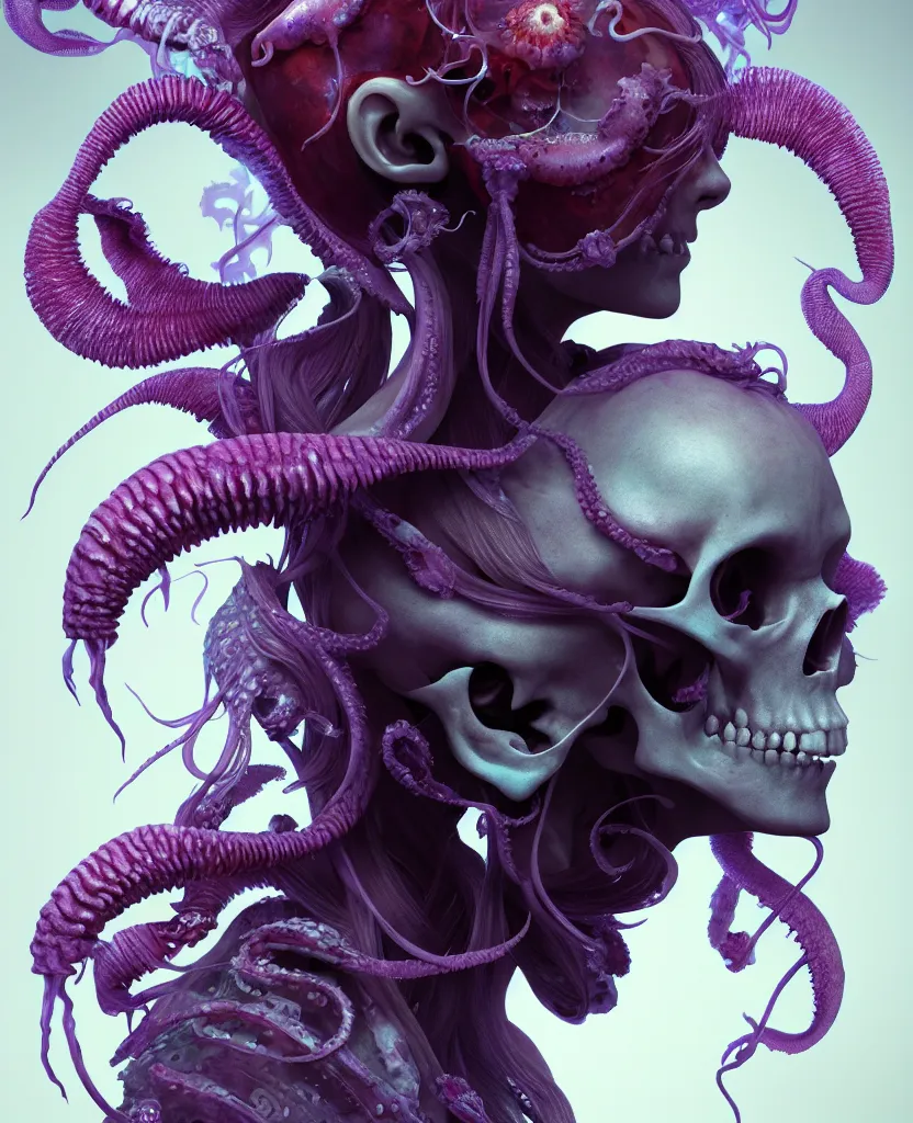 Image similar to goddess close - up portrait human skull, ram skull, squid phoenix jellyfish, orchid, betta fish, bioluminiscent, intricate artwork by tooth wu and wlop and beeple. octane render, trending on artstation, greg rutkowski very coherent symmetrical artwork. cinematic, hyper realism, high detail, octane render, 8 k