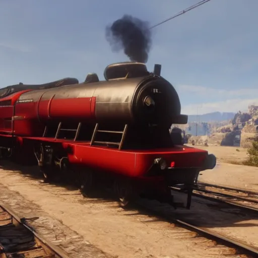 Image similar to futuristic sleek steam locomotive in red dead redemption 2