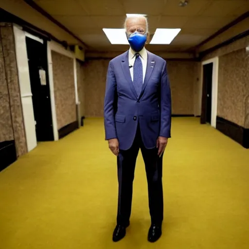 Image similar to Joe Biden lost in the backrooms, old moist carpet, mono-yellow, fluorescent lights, randomly segmented rooms, eerie