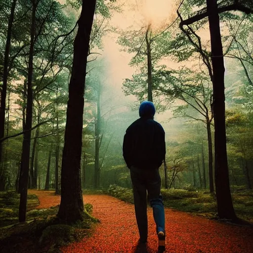 Image similar to 1 9 9 0 s candid 3 5 mm photo of a beautiful forest in tokyo, cinematic lighting, cinematic look, golden hour, the clouds are epic and colorful with cinematic rays of light, a man walks down the center of the forest with a beanie on, photographed by petra collins, uhd