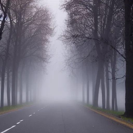 Image similar to mist, there\'s a shadowy figure on the road it has red glowing eyes