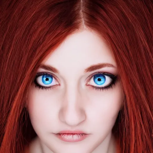 Image similar to professional photograph, freakles, extreme closeup of gorgeous young woman, top down, redhead, large eyes, teasing and alluring expression, alluring eyes, staring at viewer
