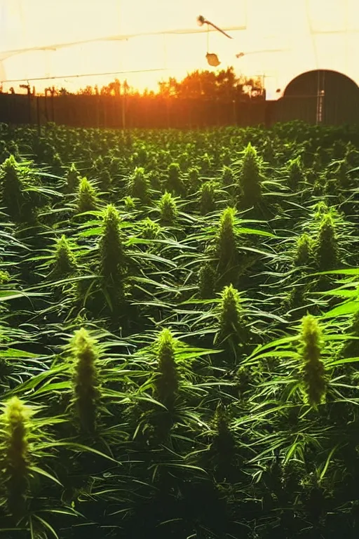 Image similar to cannabis greenhouse with harvest at sunrise, old photo