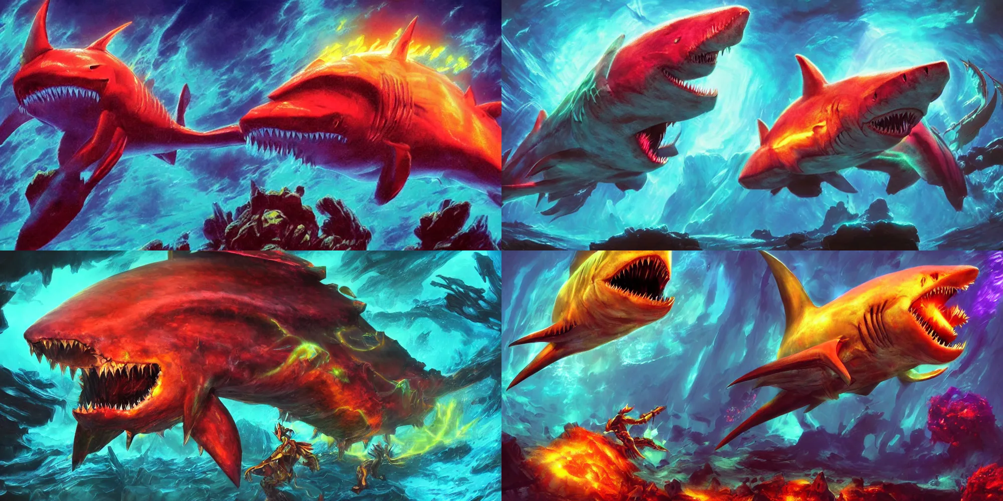 Prompt: glowing rainbow magma-filled underwater gigantic shark enemy monster, metroid game boss concept art, HD oil painting, intimidating