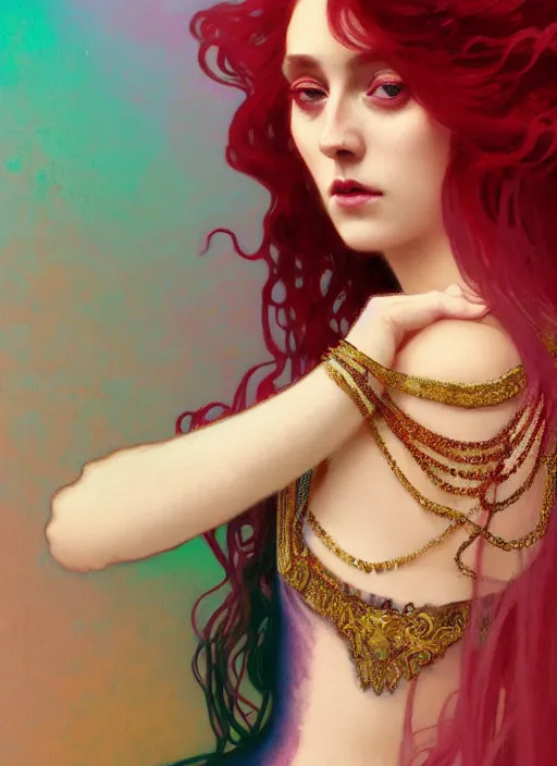Image similar to ombre velvet gown, lovely queen, portrait, long red hair, small crown, dozens of jeweled necklaces, feral languid woman, by greg rutkowski, anato finnstark, alphonse mucha, global illumination, radiant light
