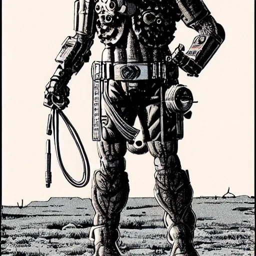 Image similar to cyborg cowboy, highly detailed, ron cobb, moebius, mike mignola