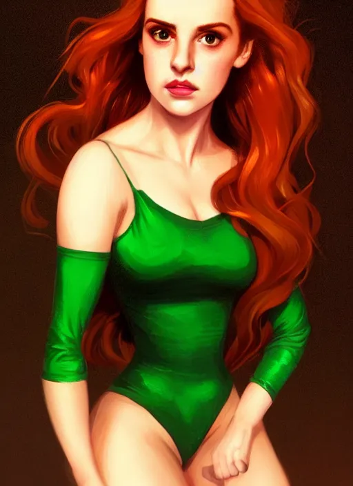 Image similar to full body portrait of teenage cheryl blossom, bangs, green eyes, mischievous expression, red hair, sultry smirk, bangs and wavy hair, intricate, elegant, glowing lights, highly detailed, digital painting, artstation, concept art, smooth, sharp focus, illustration, art by wlop, mars ravelo and greg rutkowski