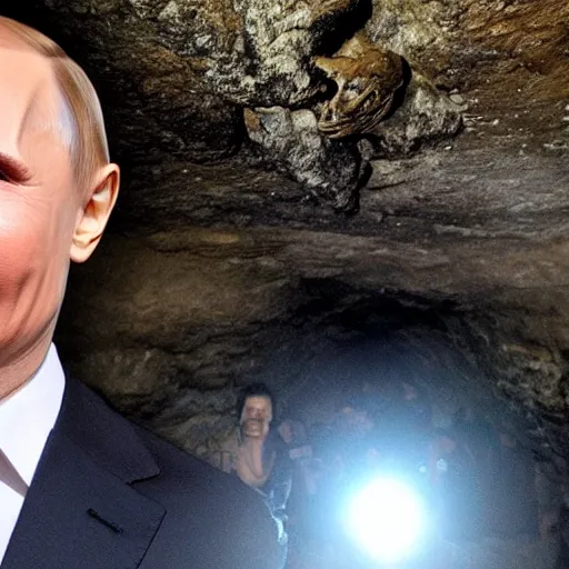 Image similar to photo inside a cavern of a wet reptilian humanoid rapper putin partially hidden behind a rock, with black eyes, open mouth and big teeth