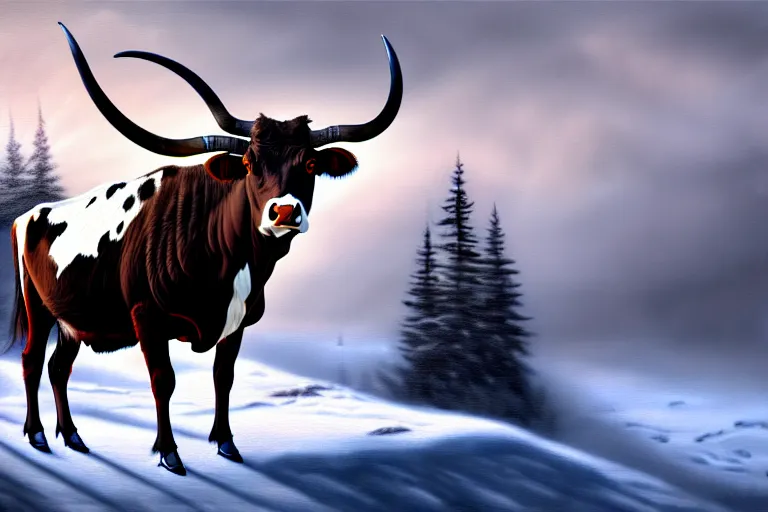 Image similar to an winter painting of a longhorn steer on a high bluff, key visual, concept art, extremely moody lighting, highly detailed, digital painting, artstation, unreal engine