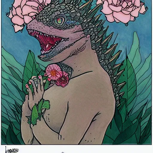 Image similar to godzilla smelling flowers, in the style of chiara bautista, mucha