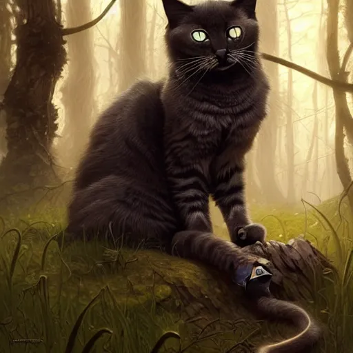 Prompt: Portrait of cat in forest, D&D, dark fantasy, intricate, elegant, highly detailed, digital painting, artstation, concept art, smooth, sharp focus, illustration, art by artgerm and greg rutkowski and alphonse mucha