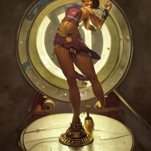 Image similar to a short young genie, with spikey short brown hair, brown skin, abs, a confident smile, emerging from her lamp and flexing her bicep, photorealistic, 25mm f/1.7 ASPH Lens, ultra realistic steampunk illustration, art by greg rutkowski and alphonse mucha