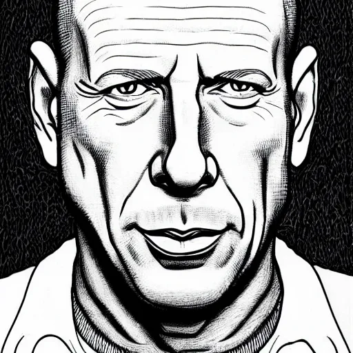 Image similar to a illustration portrait of Bruce Willis drawn by Robert Crumb