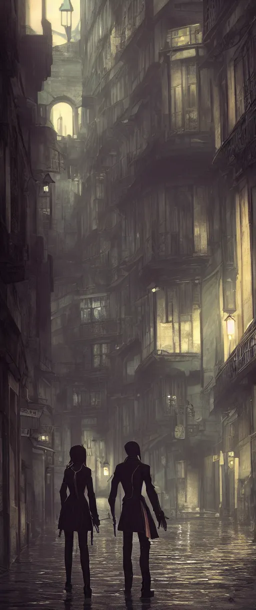 Image similar to lelouch lamperouge and asuka langley roaming the streets of dishonored town, dunwall city, redshift render, cinematic lighting, rainy weather, melancholy atmosphere, dunwall city, volumetric light, octane render, dishonored game, dishonored 1, gothic architecture, realistic reflections