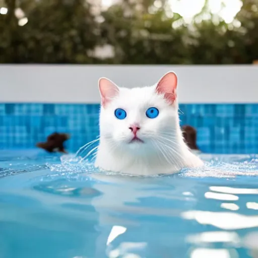 Prompt: white cat with blue eyes on a float in the pool