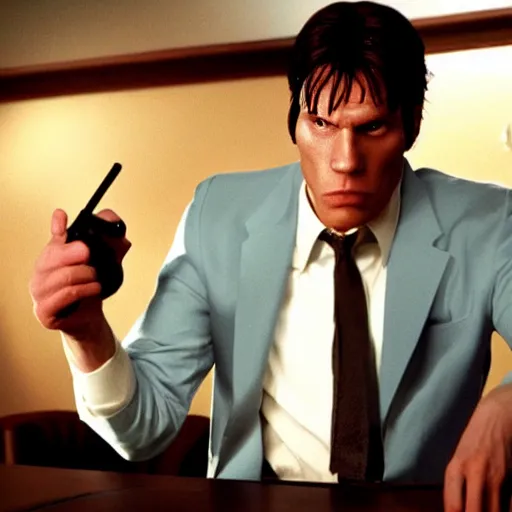 Image similar to Live Action Still of Jerma in Pulp Fiction, real life, hyperrealistic, ultra realistic, realistic, highly detailed, epic, HD quality, 8k resolution, body and headshot, film still