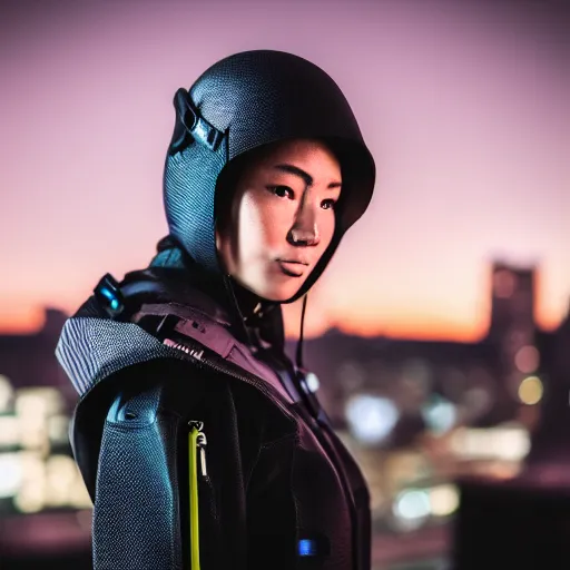 Image similar to photographic portrait of a techwear woman, closeup, on the rooftop of a futuristic city at night, sigma 85mm f/1.4, 4k, depth of field, high resolution, 4k, 8k, hd, full color