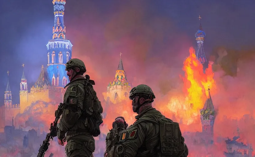 Image similar to special forces soldier with ukrainian blue and yellow shoulder patch watches red square kremlin burn in the background, d & d, fantasy, bright atmosphere, volumetric lights, intricate, elegant, extremely detailed, digital painting, artstation, concept art, matte, smooth, sharp focus, hyper realistic, illustration, art by artgerm and greg rutkowski and alphonse mucha