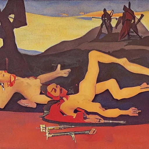 Image similar to a naturalist vintage painting of shining metal spanish conquistador soldiers lying on the ground by nicholas roerich by gustave moreau, by eyvind earle by bruce pennington by georgia o keeffe, blood, skin reflective metallic