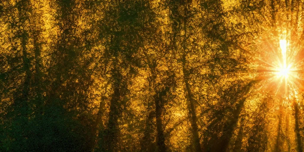 Image similar to An aesthetically pleasing, dynamic, energetic, lively, well-designed digital art of trees inside a forest during golden hour, light and shadow, caustics, by Claude Monet, superior quality, masterpiece, excellent use of negative space. 8K, superior detail.