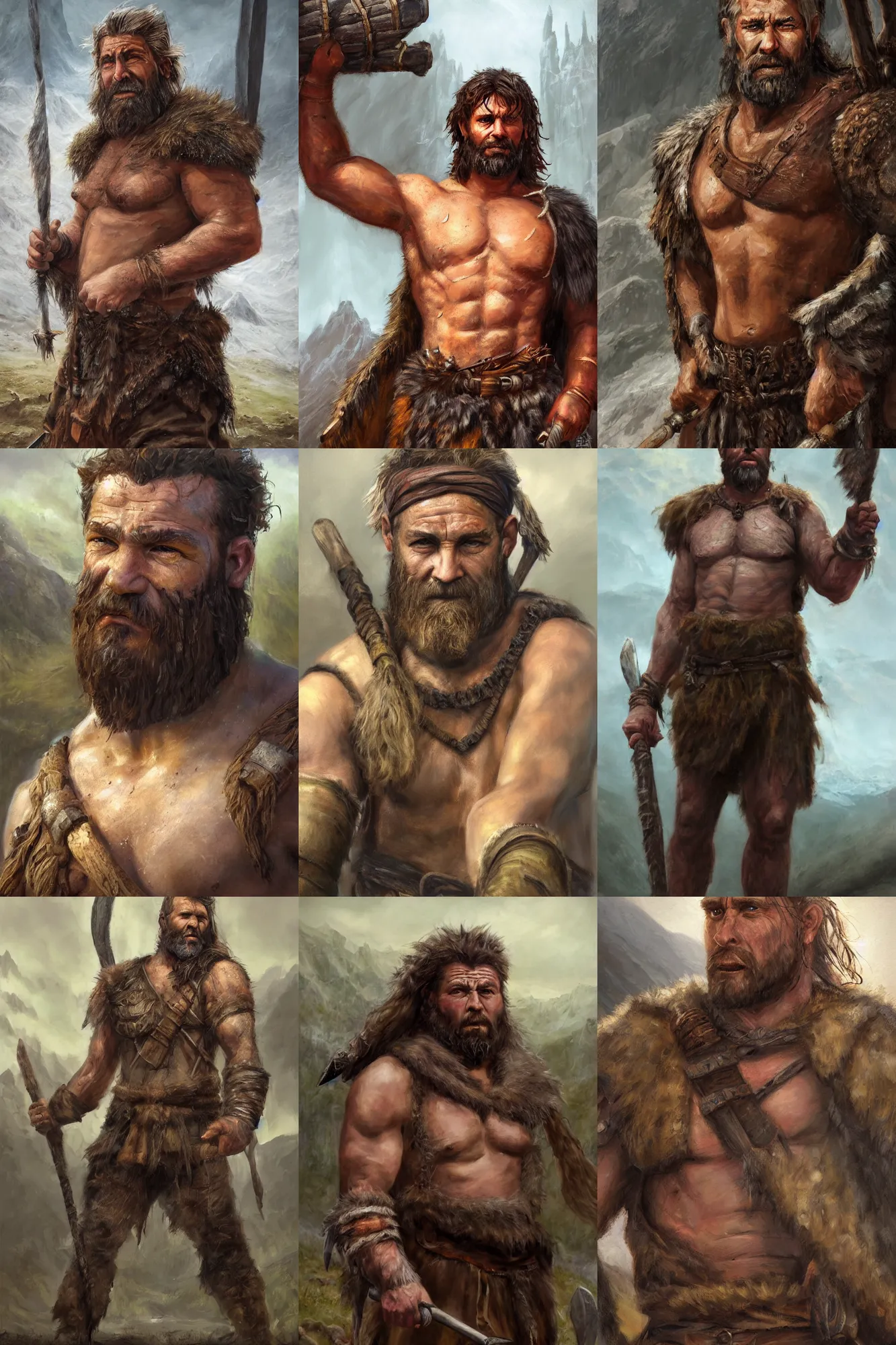 Prompt: a full body high detail fantasy portrait oil painting illustration of a single rugged stoic barbarian man by Justin Sweet with face and body clearly visible, in a scenic background, pupils visible, realistic proportions, d&d, rpg, forgotten realms, artstation trending, high quality, sombre mood, artstation trending, muted colours, no crop, entire person visible!,